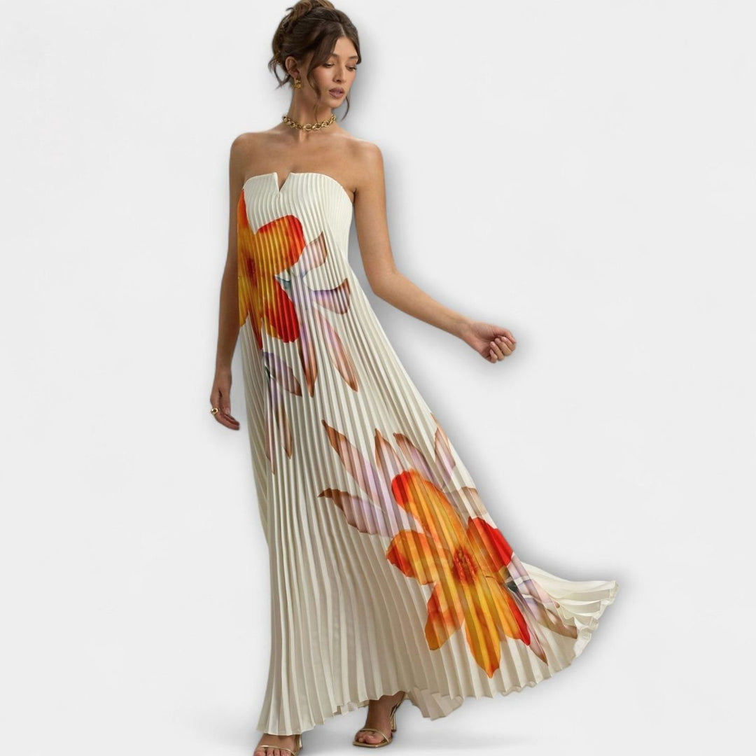 Women's Strapless Pleated Metallic Gold Sweetheart Maxi Dress