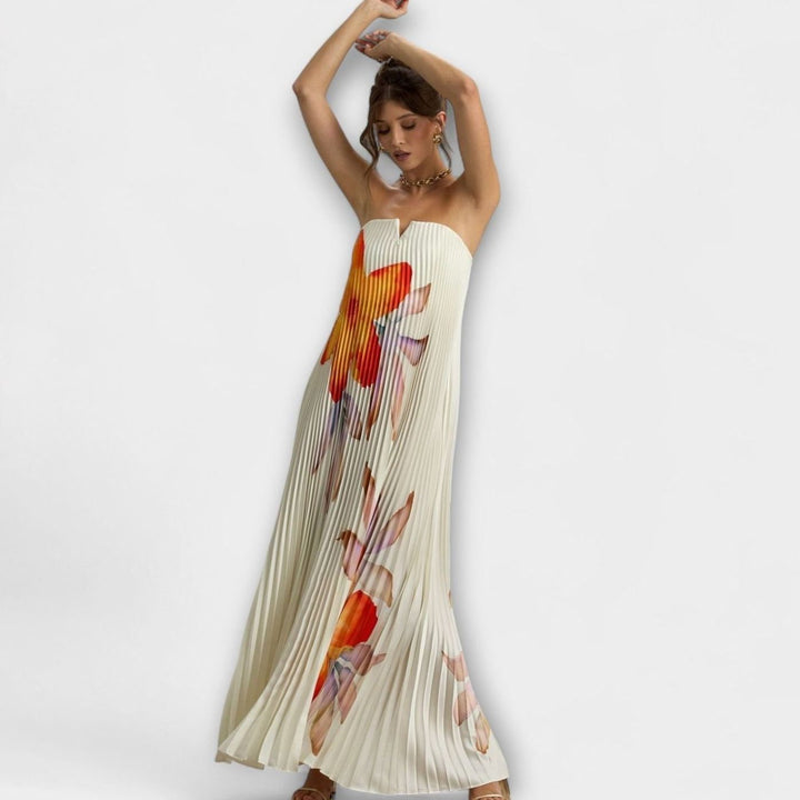 Women's Strapless Pleated Metallic Gold Sweetheart Maxi Dress