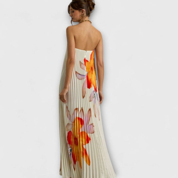 Women's Strapless Pleated Metallic Gold Sweetheart Maxi Dress