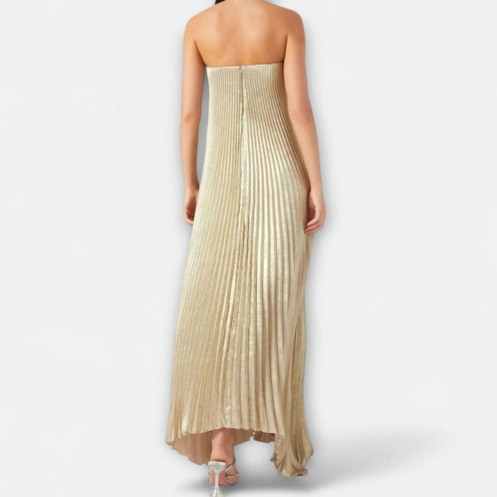 Women's Strapless Pleated Metallic Gold Sweetheart Maxi Dress