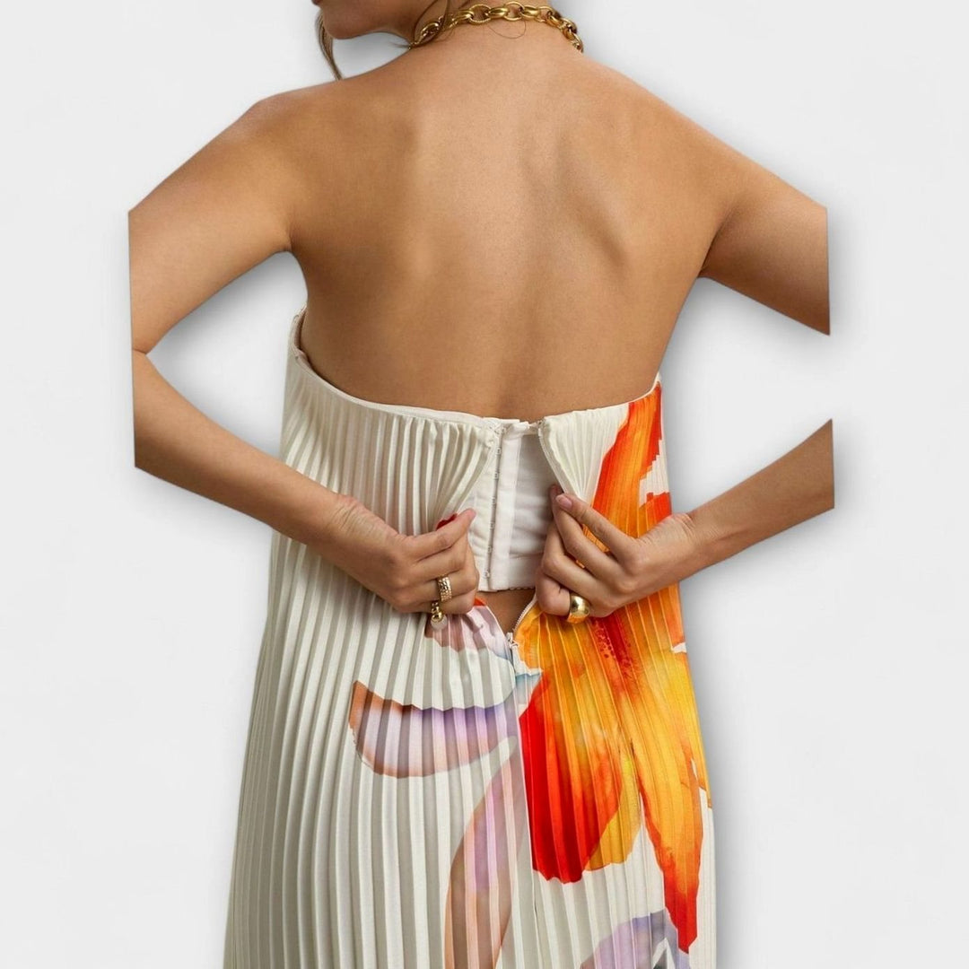 Women's Strapless Pleated Metallic Gold Sweetheart Maxi Dress