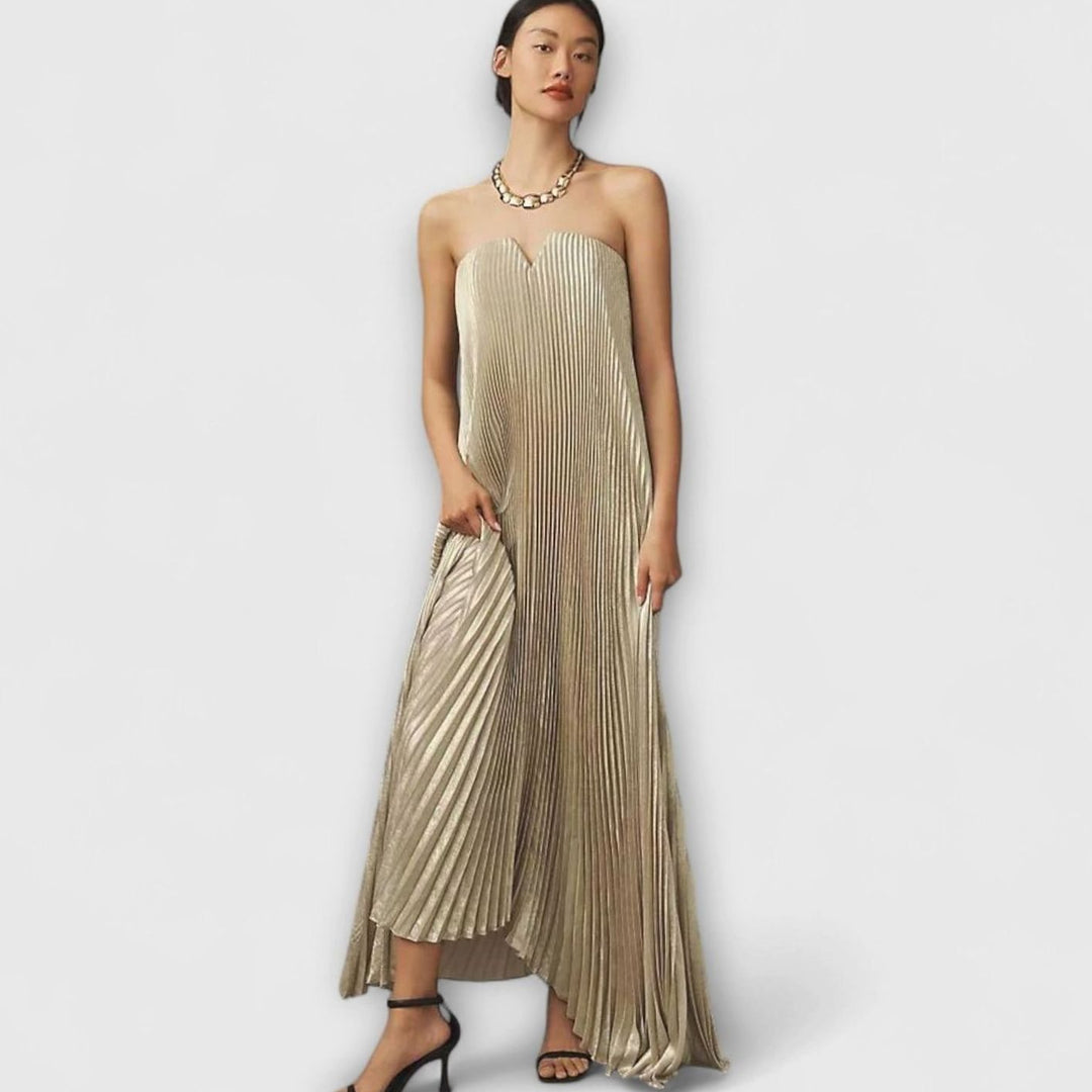 Women's Strapless Pleated Metallic Gold Sweetheart Maxi Dress