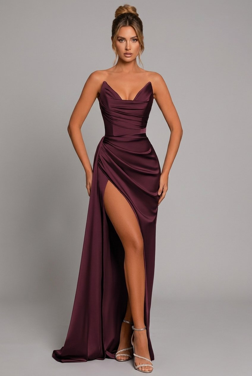 Women's Strapless Satin Ruched High-Slit Formal Maxi Gown - Crimson Red