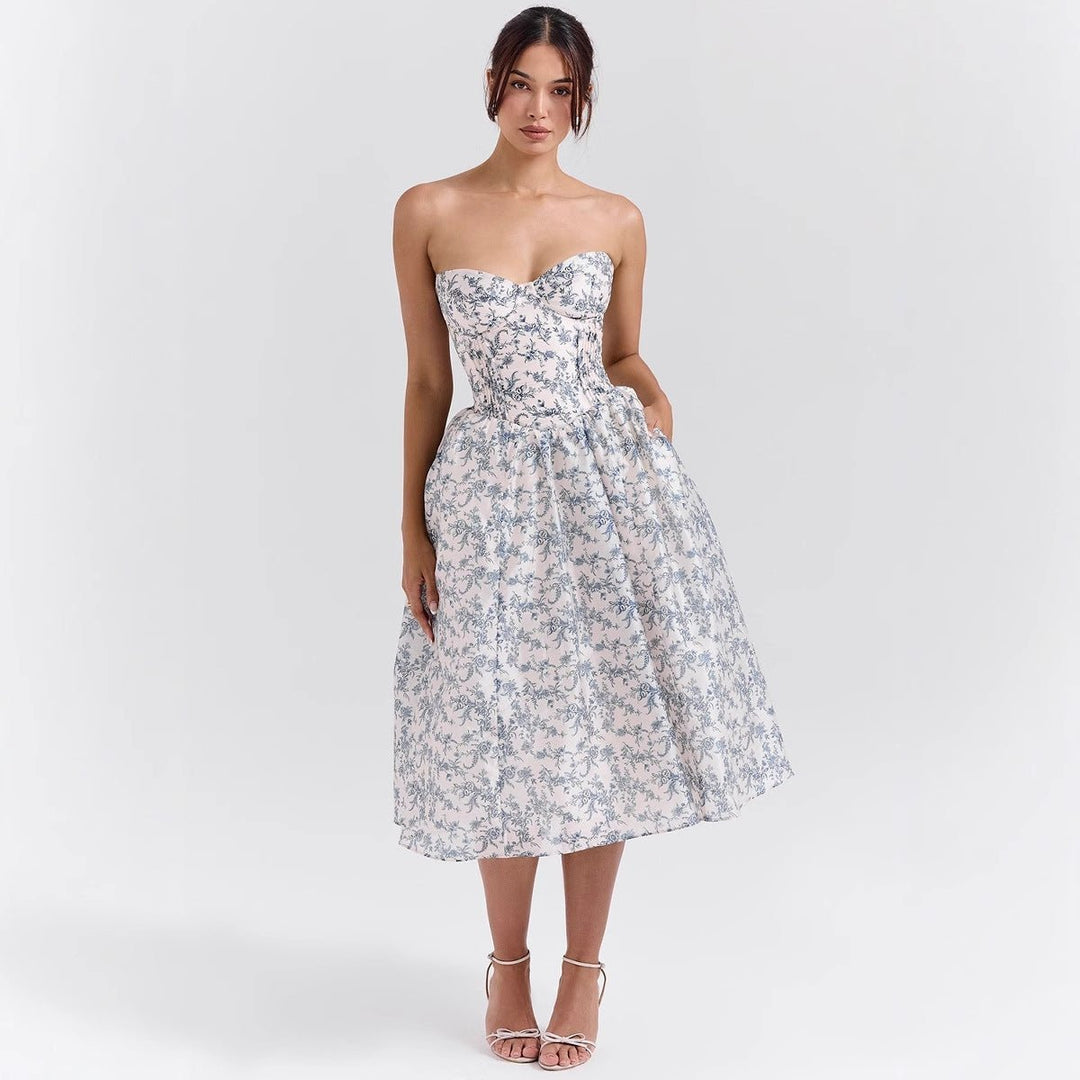 Women's Strapless Sweetheart Corset Cocktail Dress Pleated Midi Skirt - Rose
