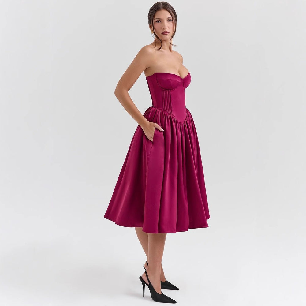 Women's Strapless Sweetheart Corset Cocktail Dress Pleated Midi Skirt - Magenta