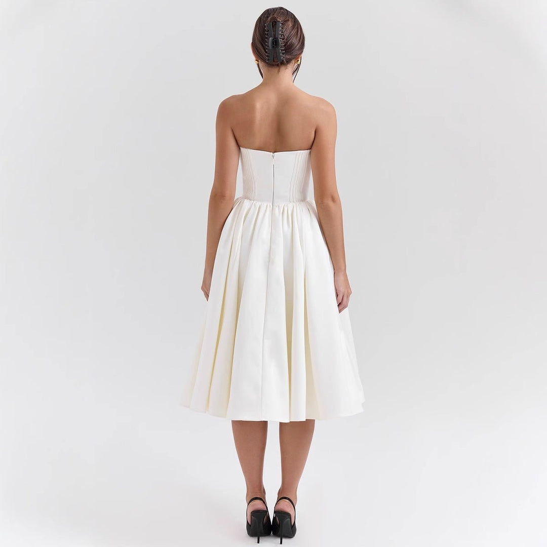Women's Strapless Sweetheart Corset Cocktail Dress Pleated Midi Skirt