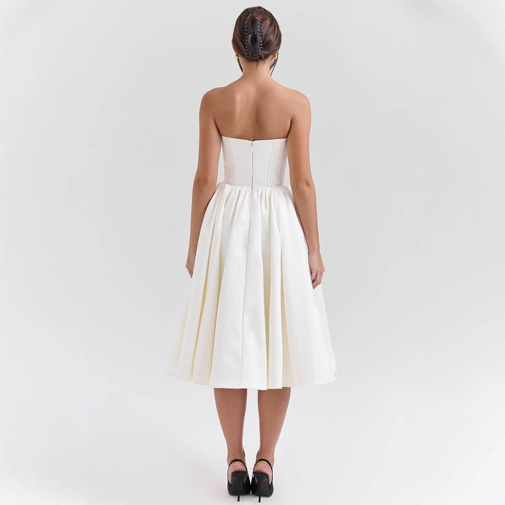 Women's Strapless Sweetheart Corset Cocktail Dress Pleated Midi Skirt