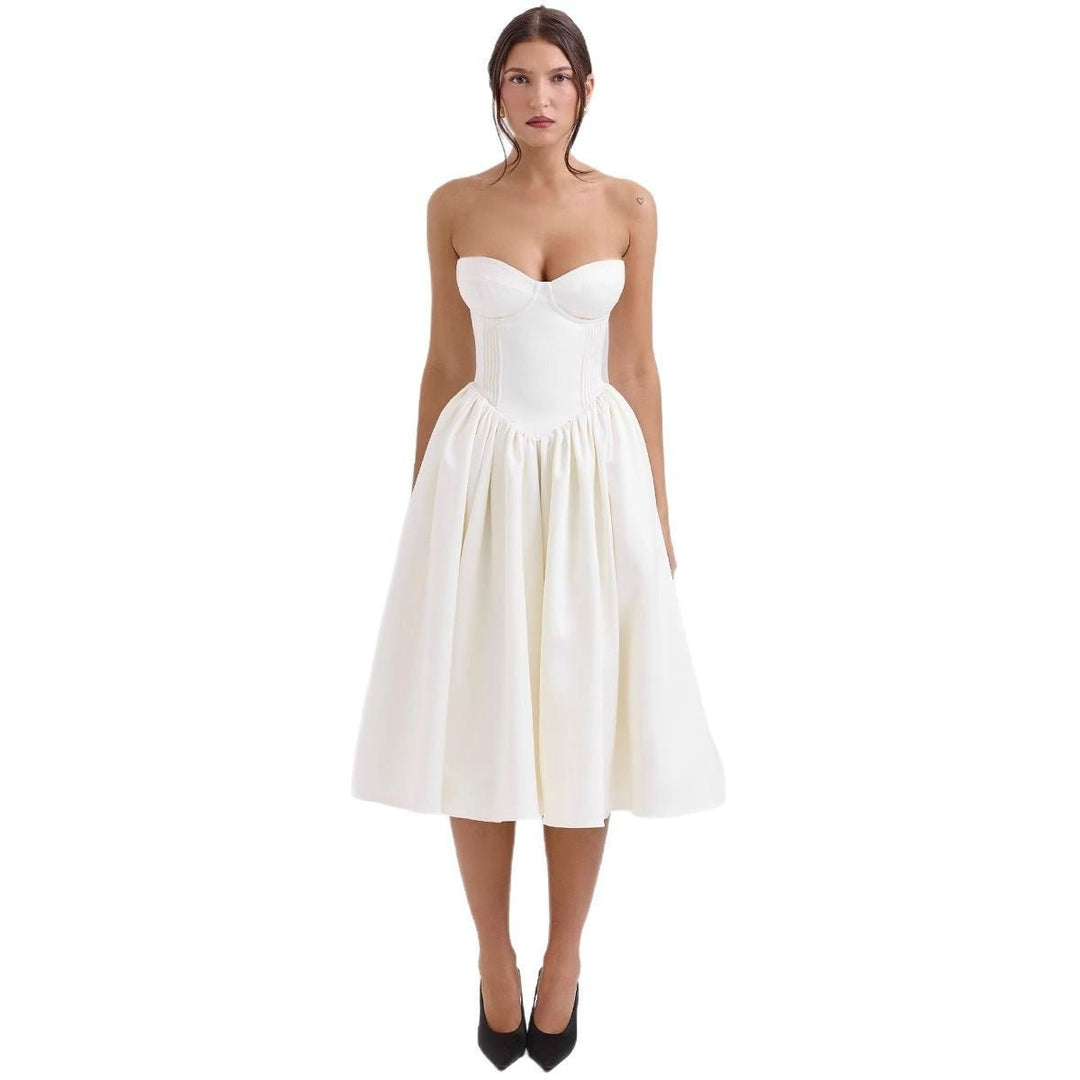 Women's Strapless Sweetheart Corset Cocktail Dress Pleated Midi Skirt