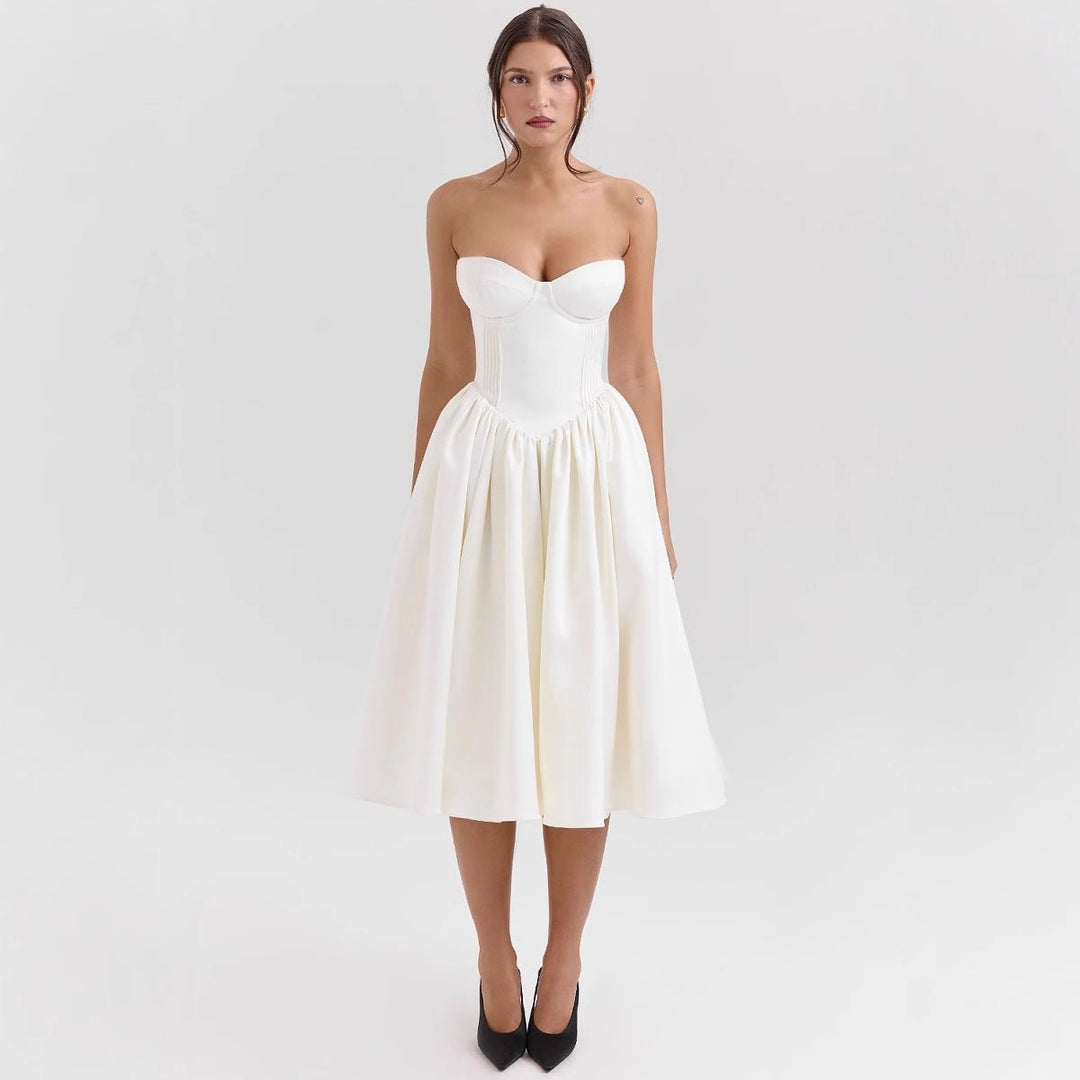 Women's Strapless Sweetheart Corset Cocktail Dress Pleated Midi Skirt - White