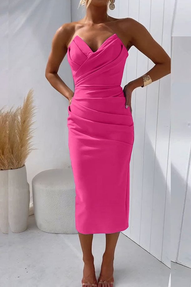 Women's Strapless Sweetheart Draped Fitted Midi Dress - Rose