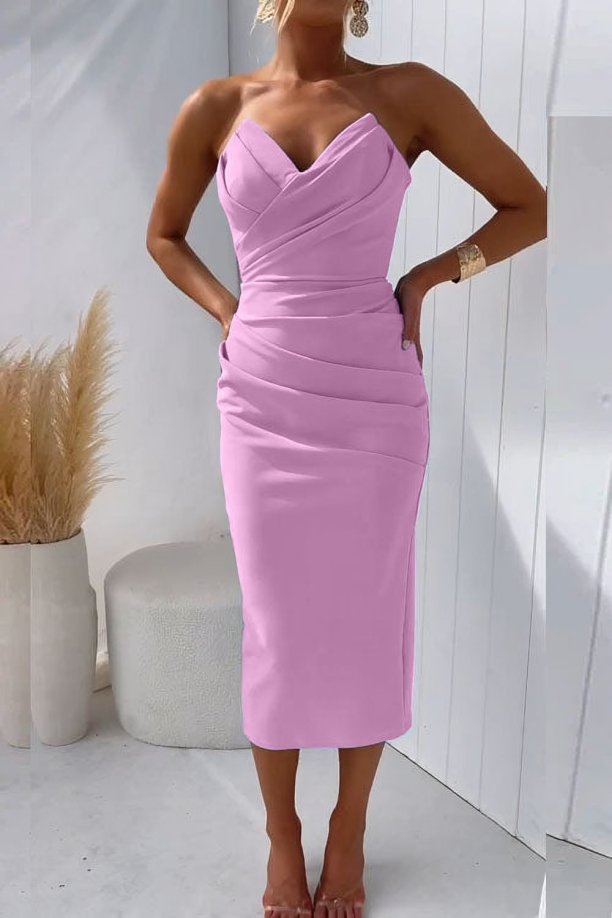 Women's Strapless Sweetheart Draped Fitted Midi Dress - Pink