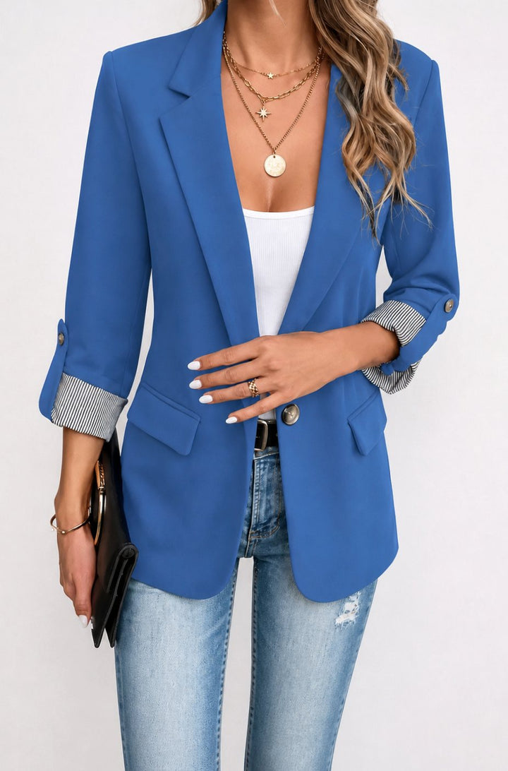 Women's Striped-Cuff Roll-Sleeve Tailored Blazer Jacket - Blue