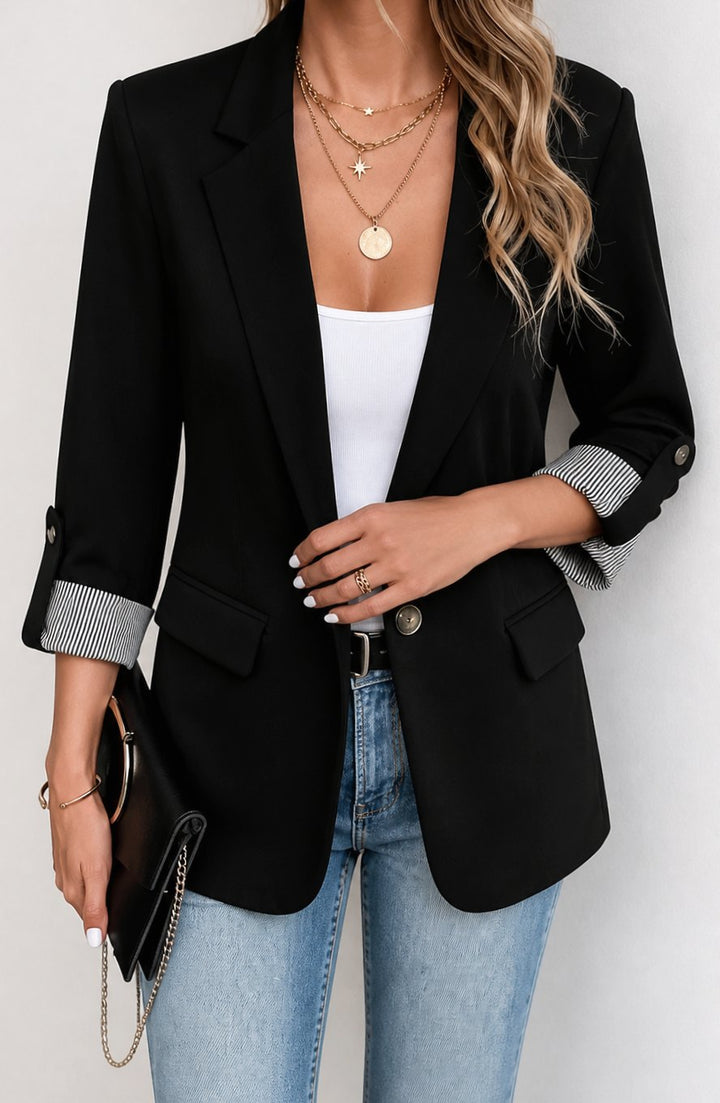 Women's Striped-Cuff Roll-Sleeve Tailored Blazer Jacket - Black