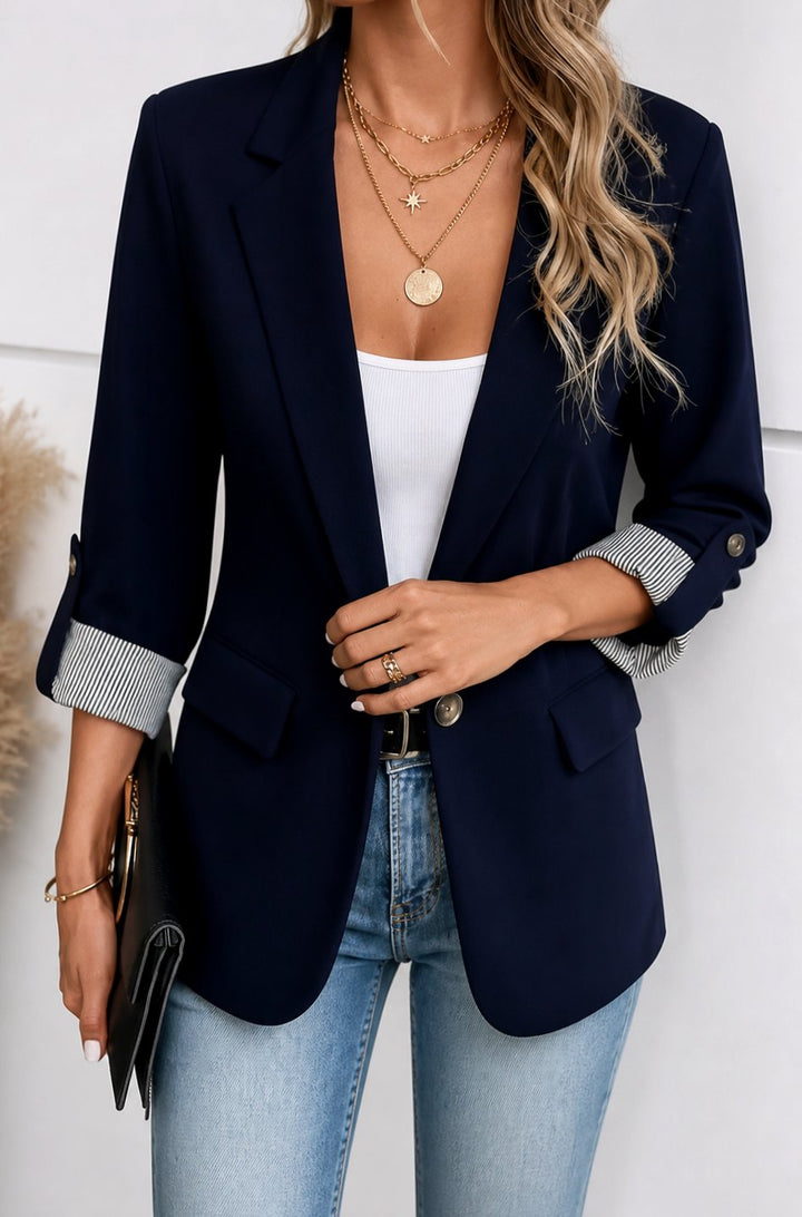 Women's Striped-Cuff Roll-Sleeve Tailored Blazer Jacket - Navy Blue