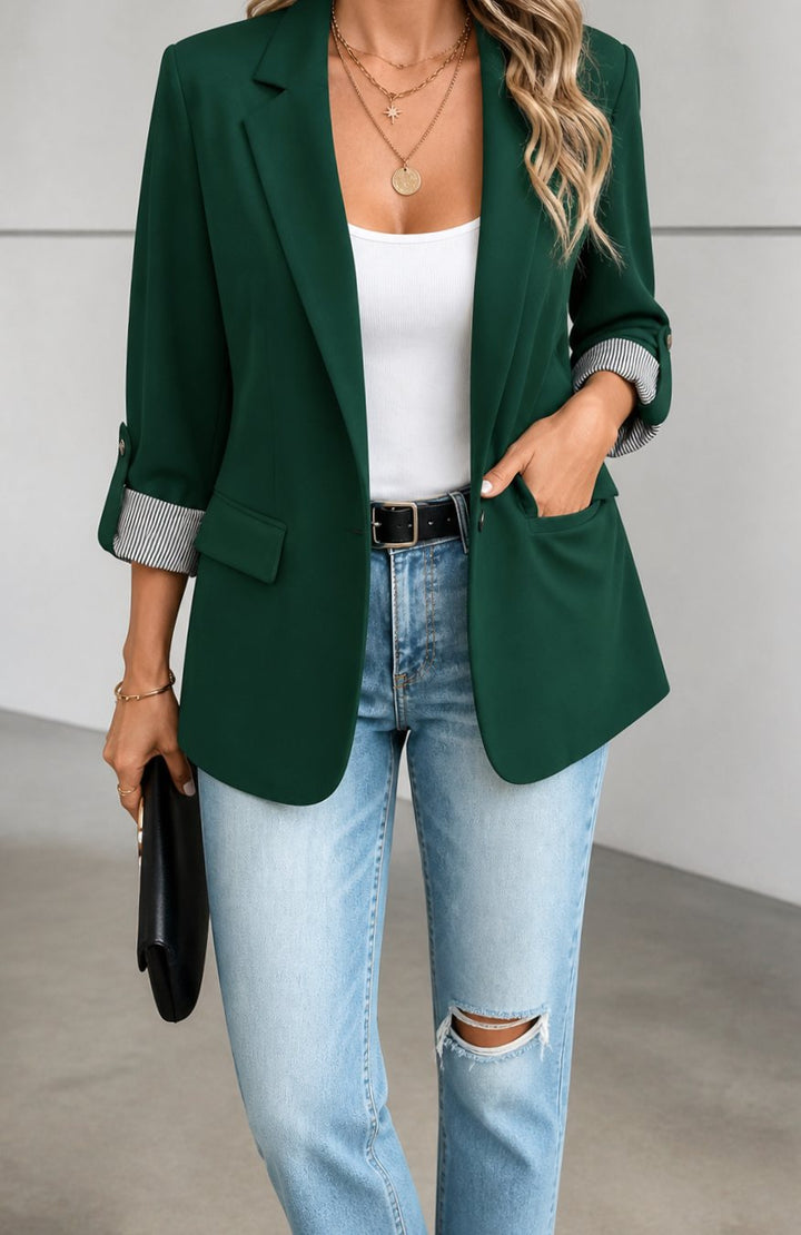 Women's Striped-Cuff Roll-Sleeve Tailored Blazer Jacket - Dark Green