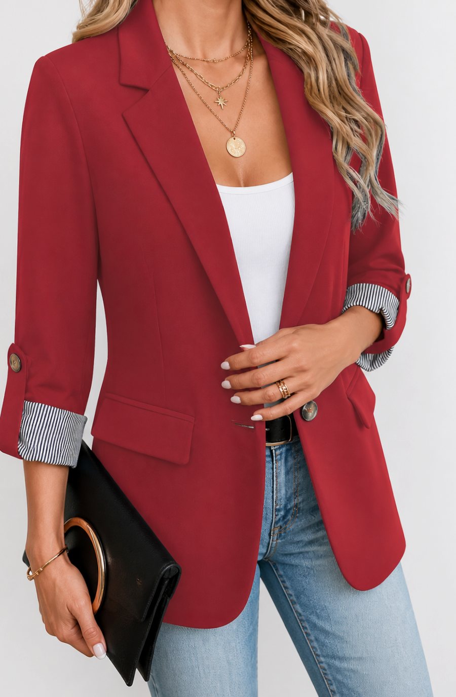 Women's Striped-Cuff Roll-Sleeve Tailored Blazer Jacket - Red