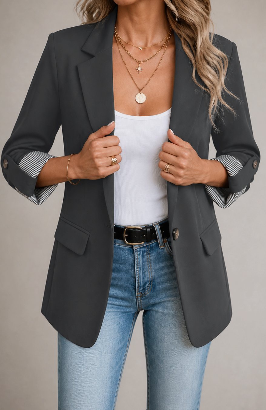 Women's Striped-Cuff Roll-Sleeve Tailored Blazer Jacket - Dark Grey