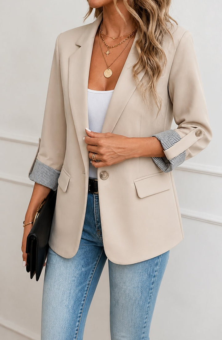 Women's Striped-Cuff Roll-Sleeve Tailored Blazer Jacket - Apricot