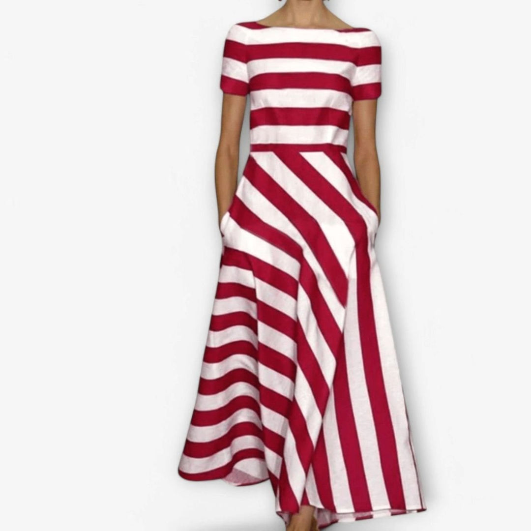 Women's Striped Short Sleeve A-Line Maxi Dress - Red