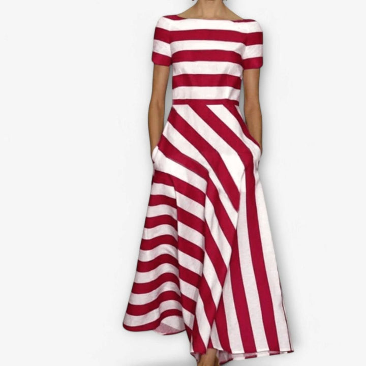 Women's Striped Short Sleeve A-Line Maxi Dress - Red