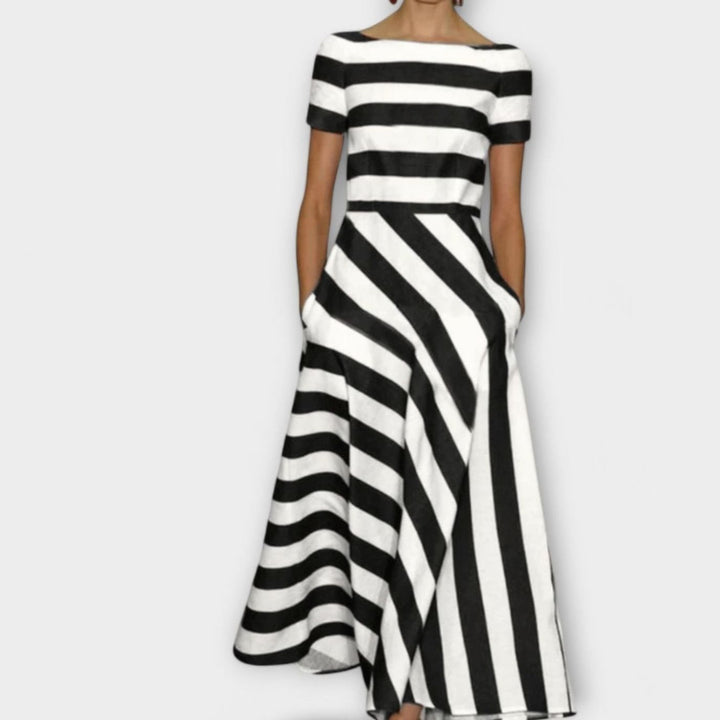 Women's Striped Short Sleeve A-Line Maxi Dress - Black