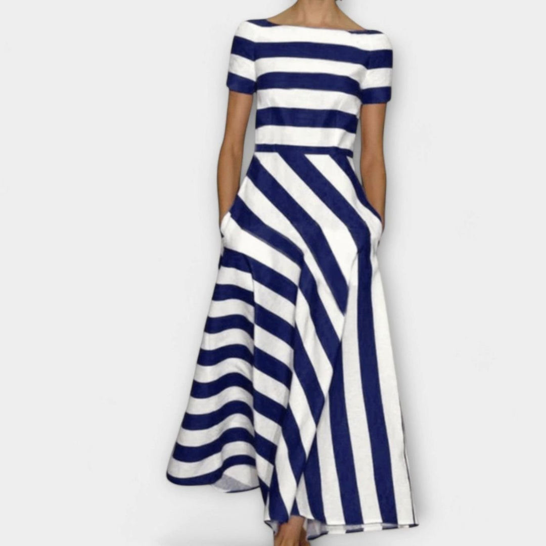 Women's Striped Short Sleeve A-Line Maxi Dress - Dark Blue