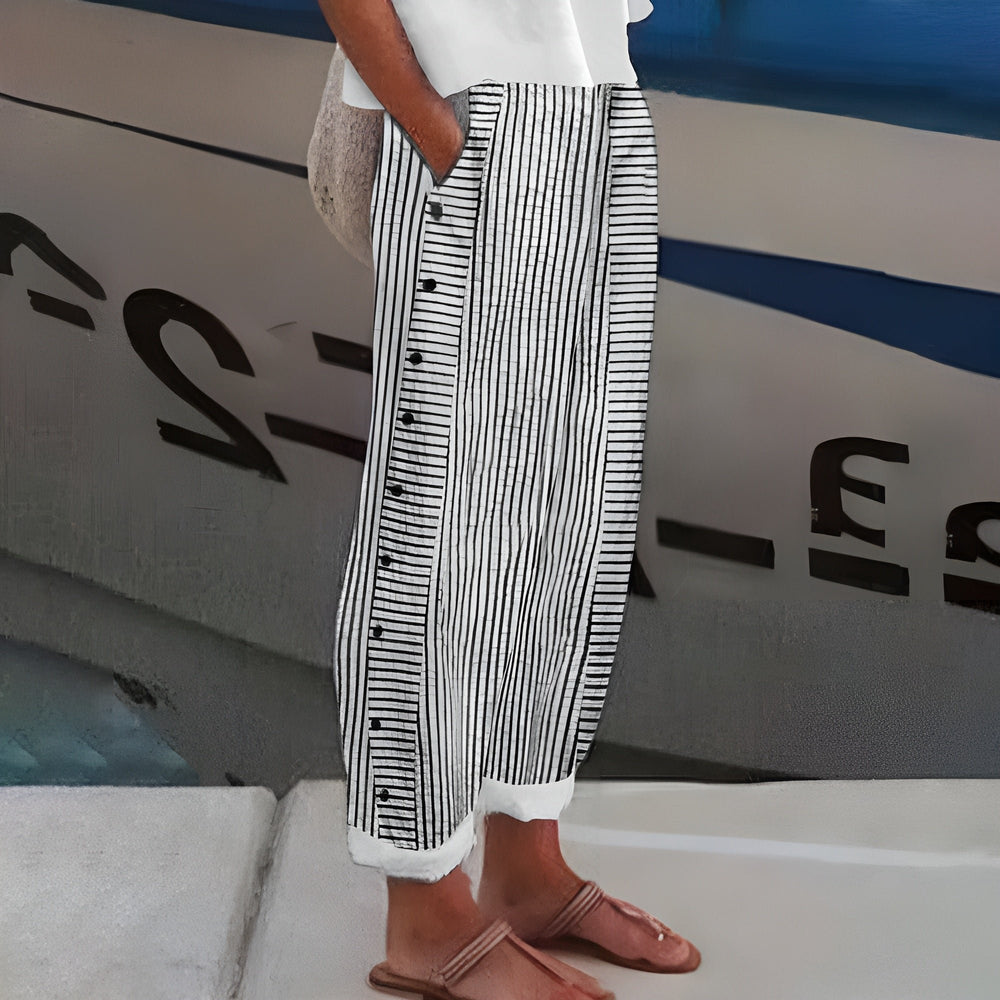 Women's Striped Straight-Leg Elastic-Waist Side-Pocket Pants - Black