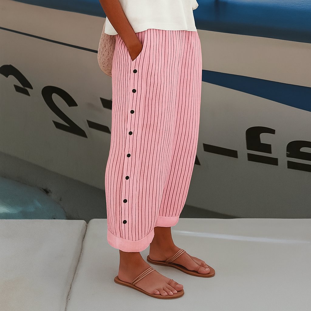 Women's Striped Straight-Leg Elastic-Waist Side-Pocket Pants - Pink