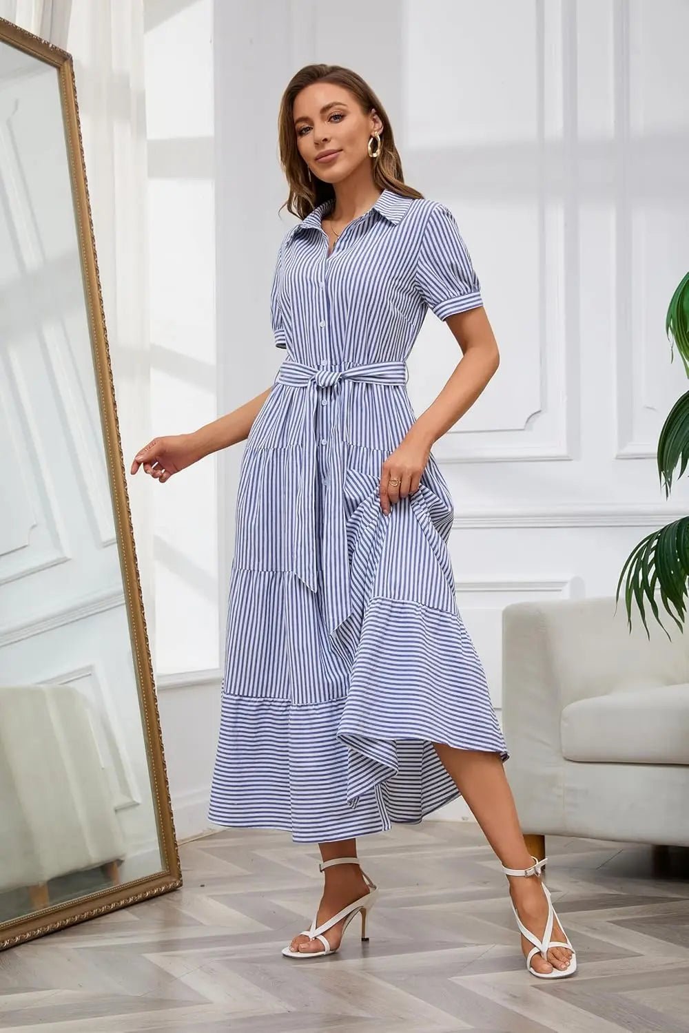 Women's Striped Tiered-Ruffle Tie-Waist Button-Down Maxi Shirt Dress