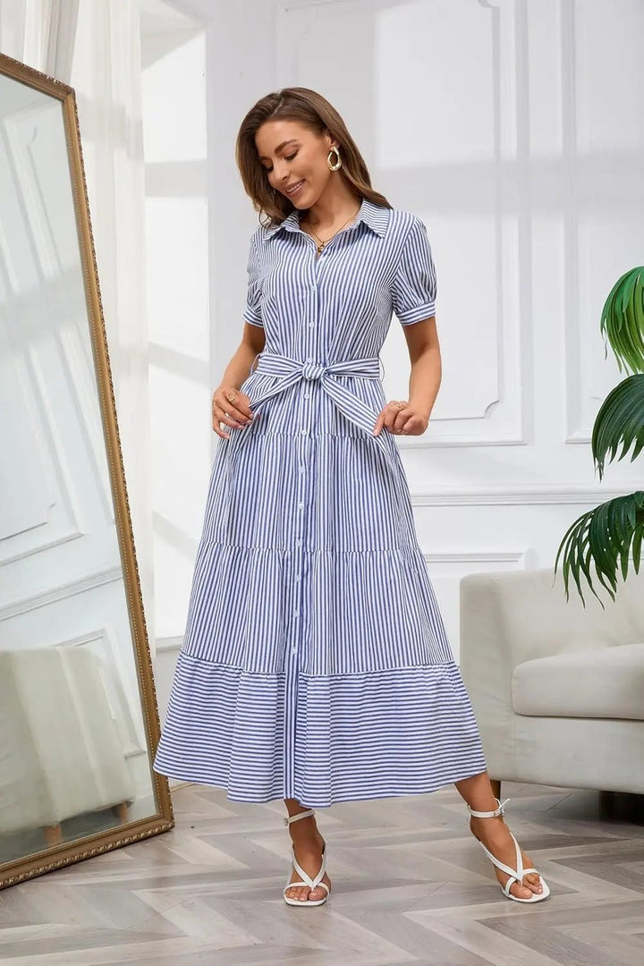 Women's Striped Tiered-Ruffle Tie-Waist Button-Down Maxi Shirt Dress