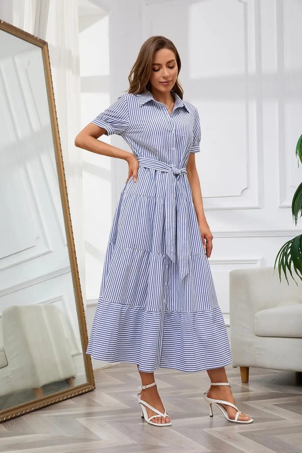 Women's Striped Tiered-Ruffle Tie-Waist Button-Down Maxi Shirt Dress