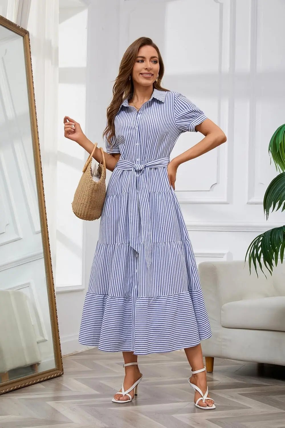 Women's Striped Tiered-Ruffle Tie-Waist Button-Down Maxi Shirt Dress