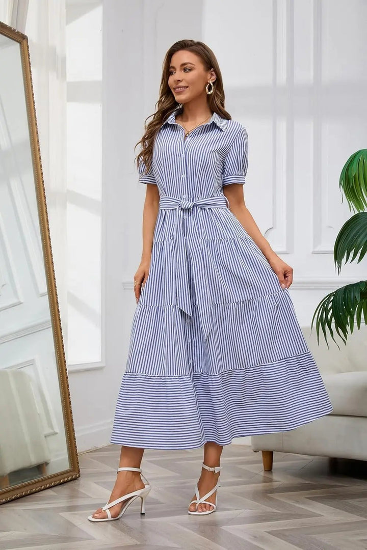 Women's Striped Tiered-Ruffle Tie-Waist Button-Down Maxi Shirt Dress