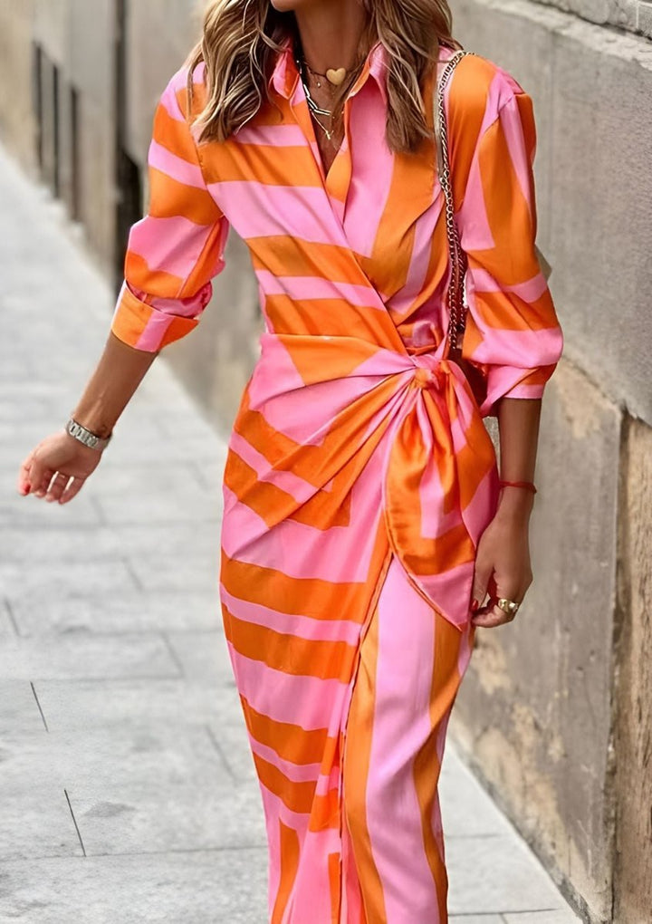 Women's Striped Wrap Midi Long Sleeve Dress
