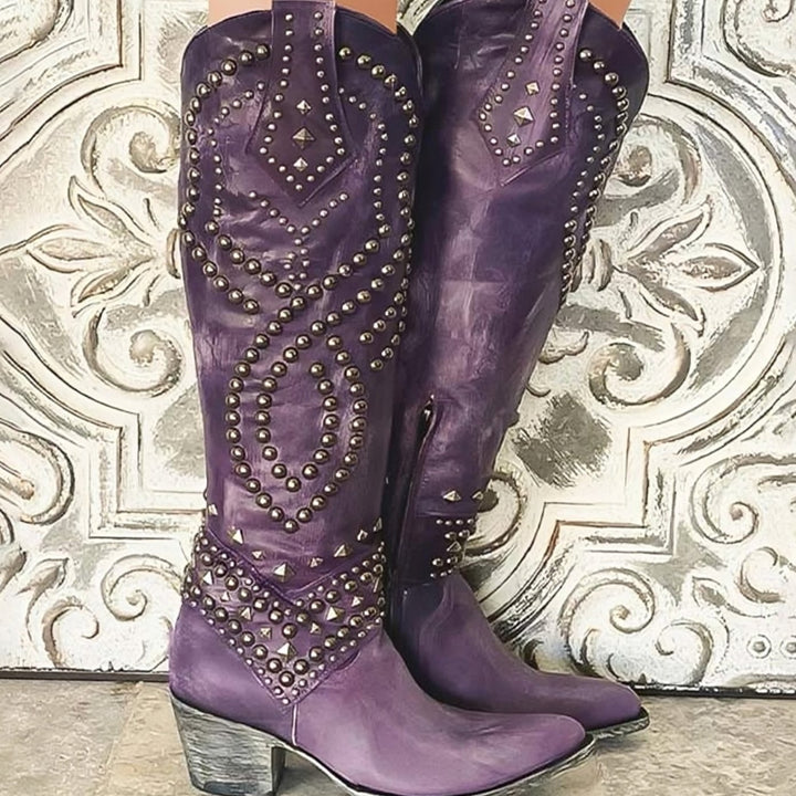 Women's Studded Knee-High Orthopedic Cowboy Boots Pointed Toe - Purple