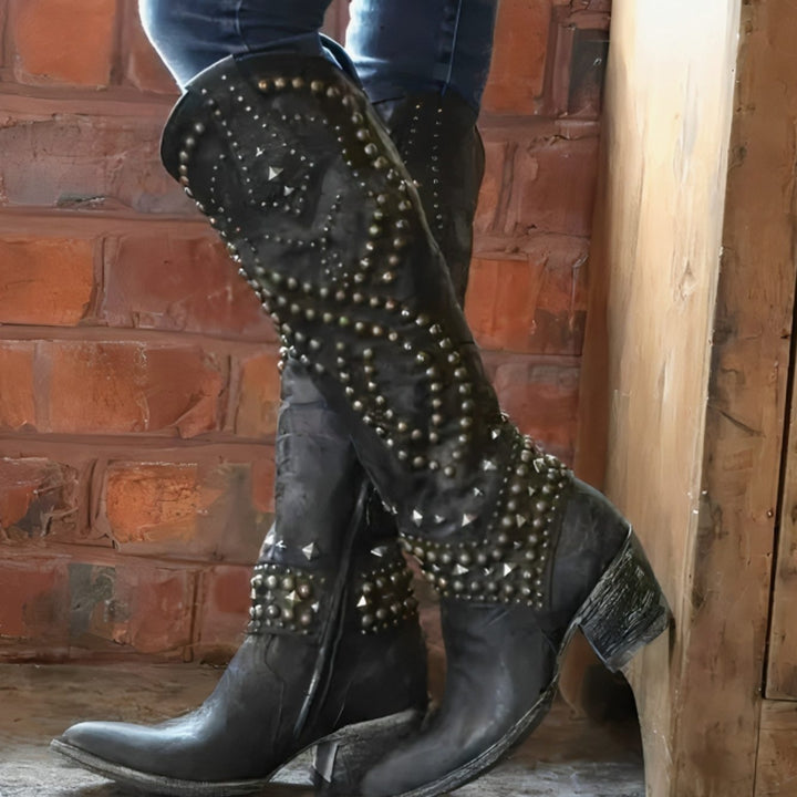 Women's Studded Knee-High Orthopedic Cowboy Boots Pointed Toe - Black