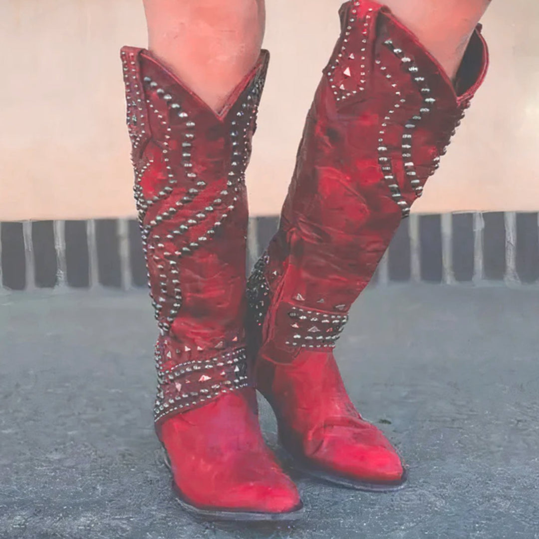 Women's Studded Knee-High Orthopedic Cowboy Boots Pointed Toe - Red