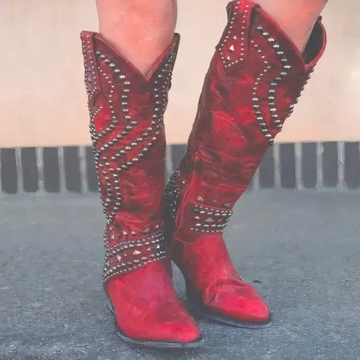 Women's Studded Knee-High Orthopedic Cowboy Boots Pointed Toe - Red