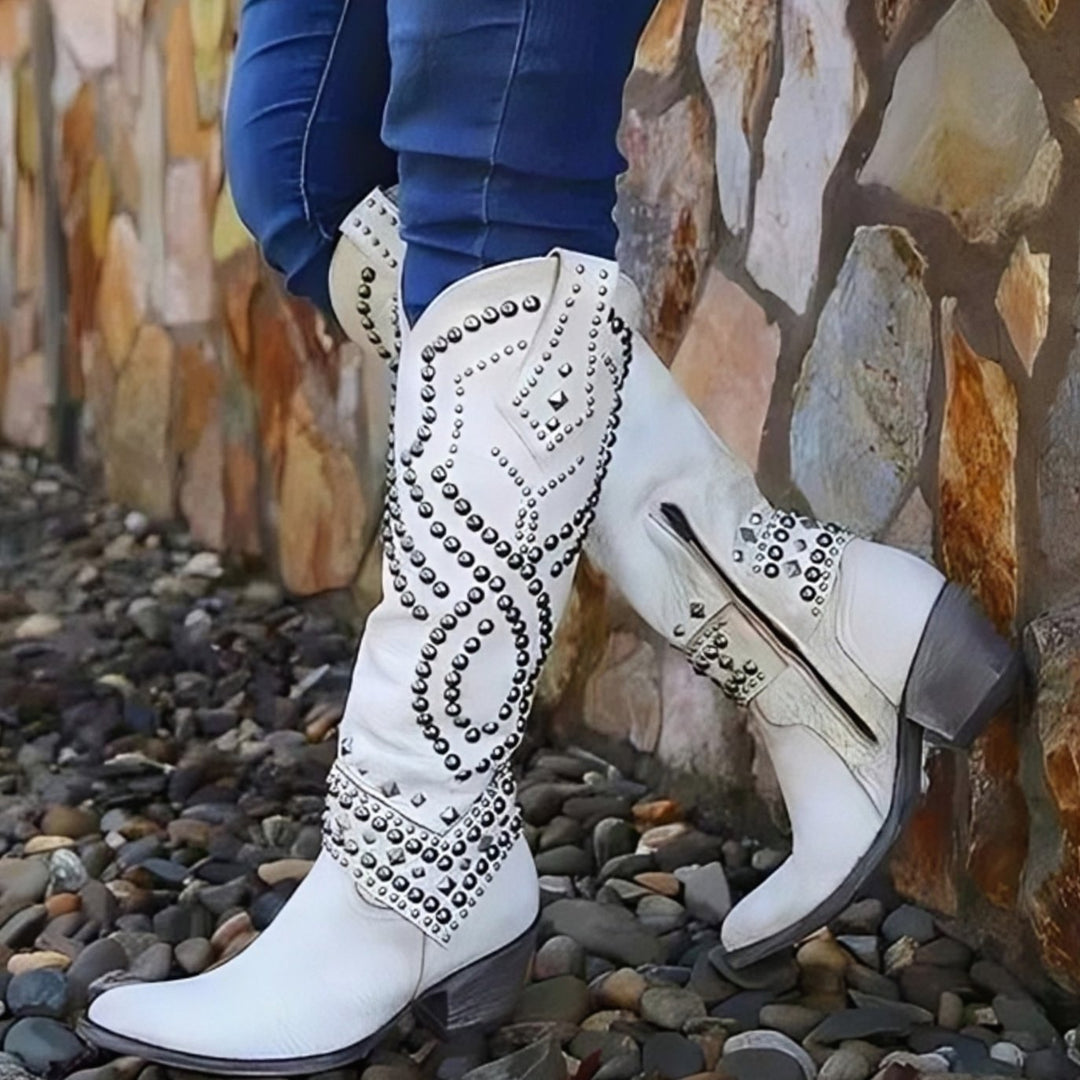 Women's Studded Knee-High Orthopedic Cowboy Boots Pointed Toe - White