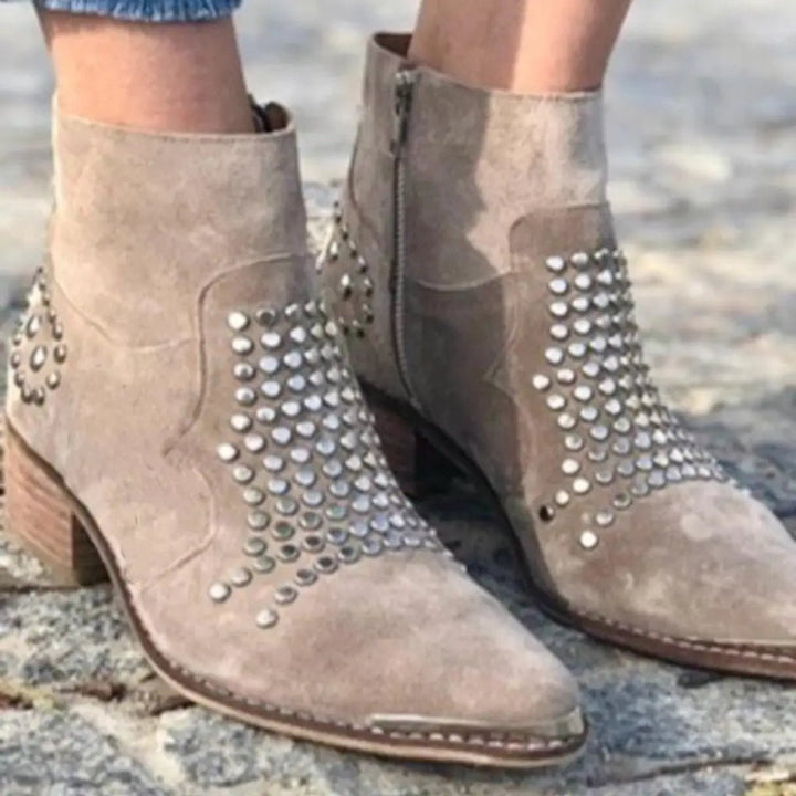 Women's Studded Suede Pointed-Toe Side-Zip Ankle Boots