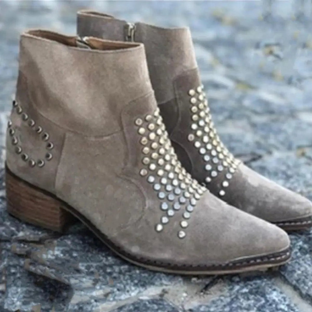 Women's Studded Suede Pointed-Toe Side-Zip Ankle Boots