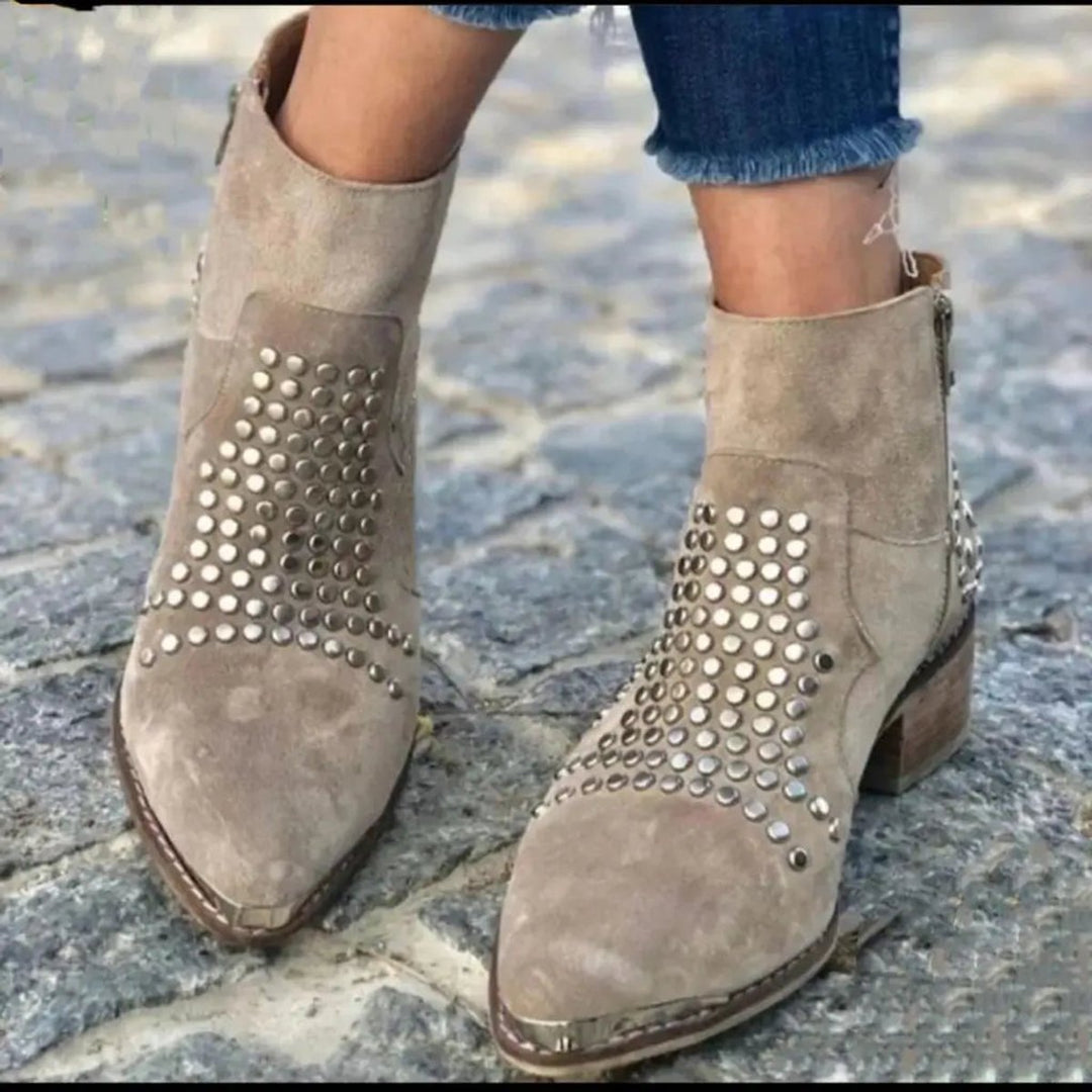 Women's Studded Suede Pointed-Toe Side-Zip Ankle Boots