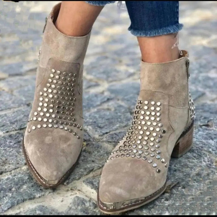 Women's Studded Suede Pointed-Toe Side-Zip Ankle Boots