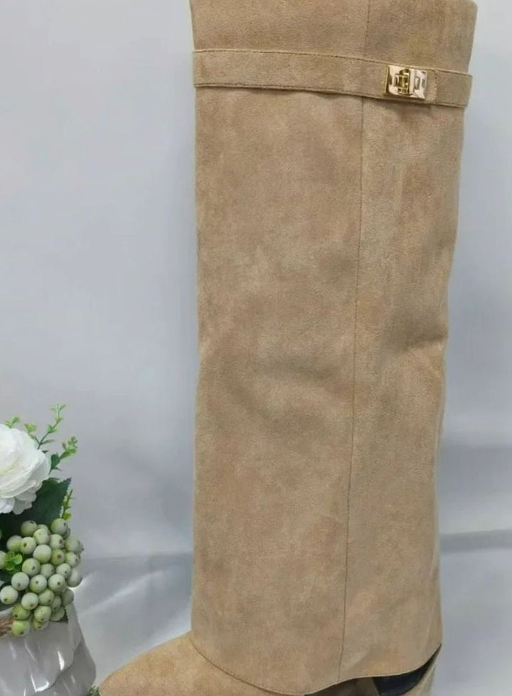 Women's Suede Knee-High Slouch Buckle Thigh-High Boots - Apricot