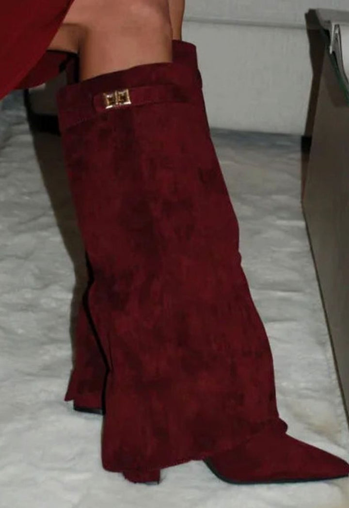 Women's Suede Knee-High Slouch Buckle Thigh-High Boots - Red Suede