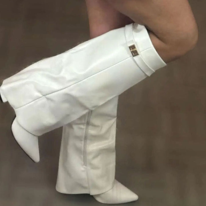 Women's Suede Knee-High Slouch Buckle Thigh-High Boots - White