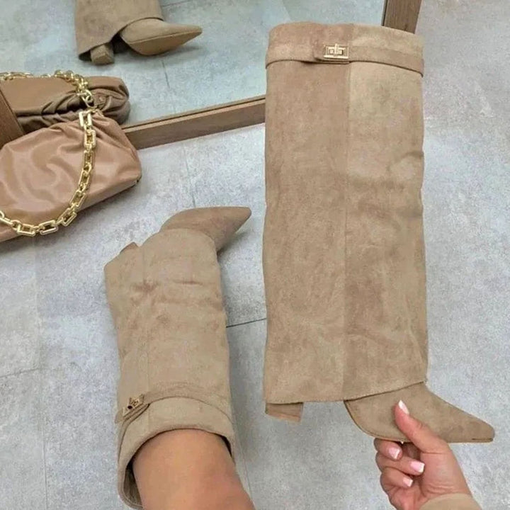 Women's Suede Knee-High Slouch Buckle Thigh-High Boots - Apricot Plush