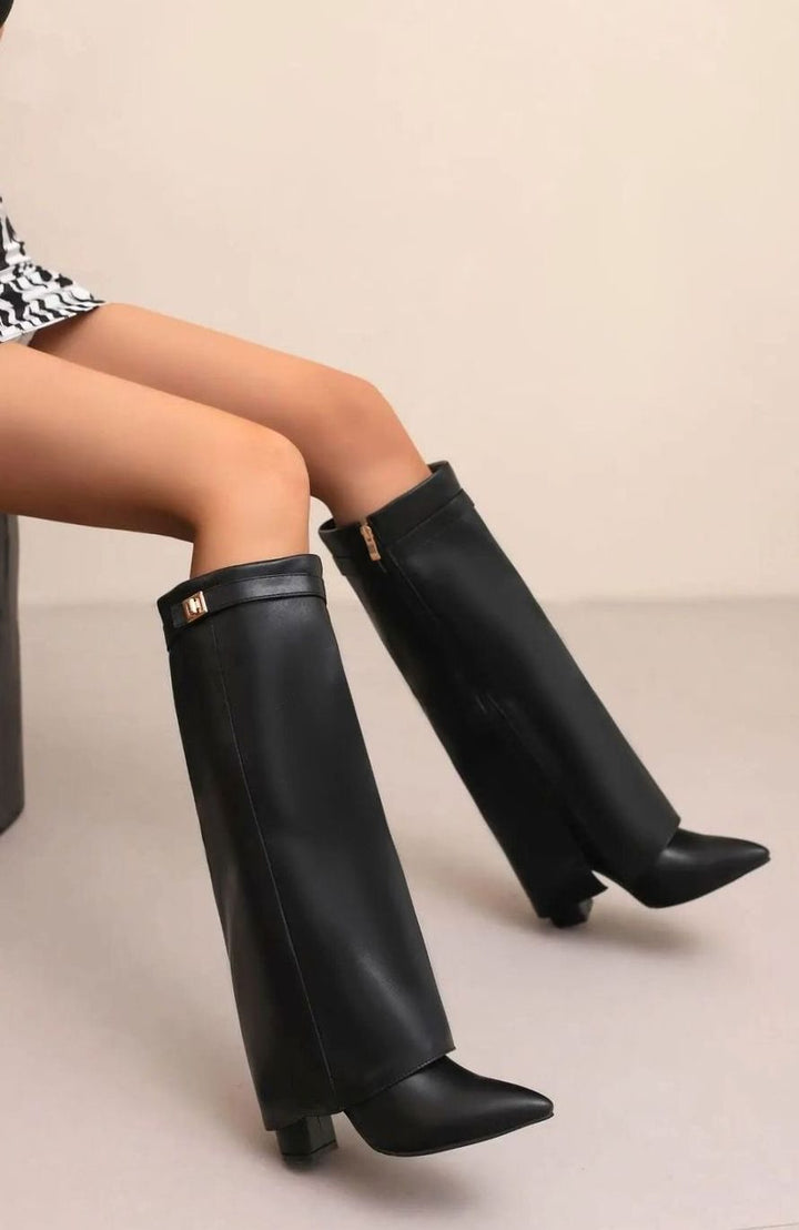 Women's Suede Knee-High Slouch Buckle Thigh-High Boots - Black Plush