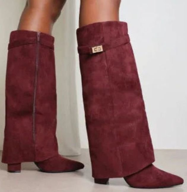 Women's Suede Knee-High Slouch Buckle Thigh-High Boots - Red Suede Plush