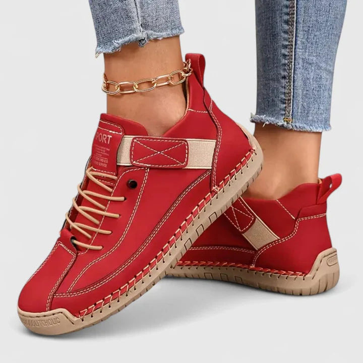 Women's Suede Lace-Up Velcro-Strap Low-Top Comfort Sneakers - Red